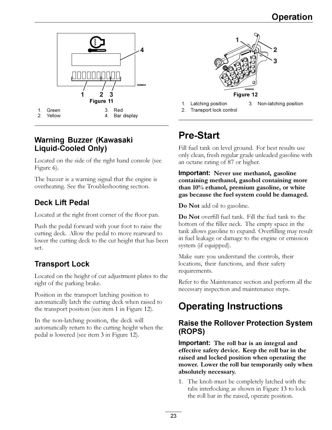 Exmark Series X manual Pre-Start, Operating Instructions, Deck Lift Pedal, Transport Lock 