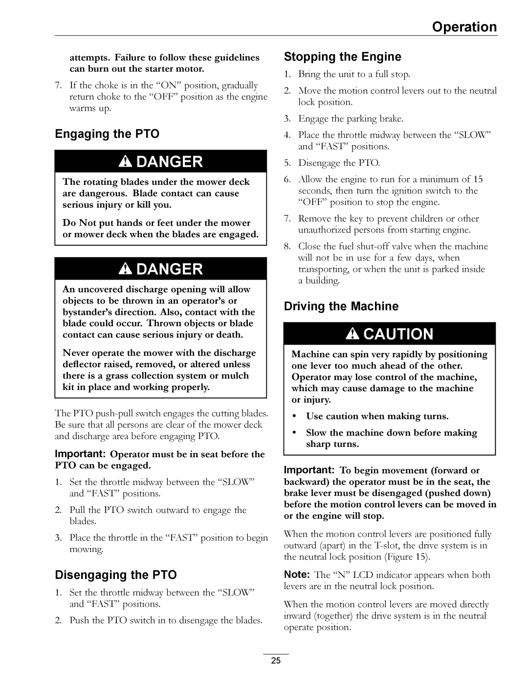 Exmark Series X manual Engaging the PTO, Disengaging the PTO, Stopping the Engine, Driving the Machine 