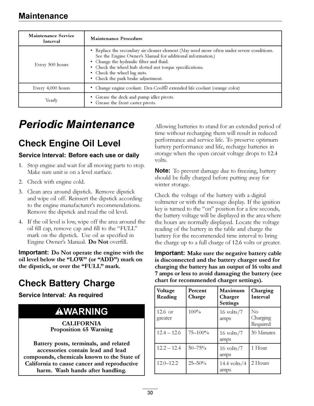 Exmark Series X manual Check Engine Oil Level, Check Battery Charge, Proposition 65 Warning 