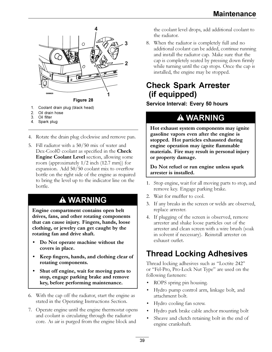 Exmark Series X manual Check Spark Arrester if equipped, Thread Locking Adhesives 