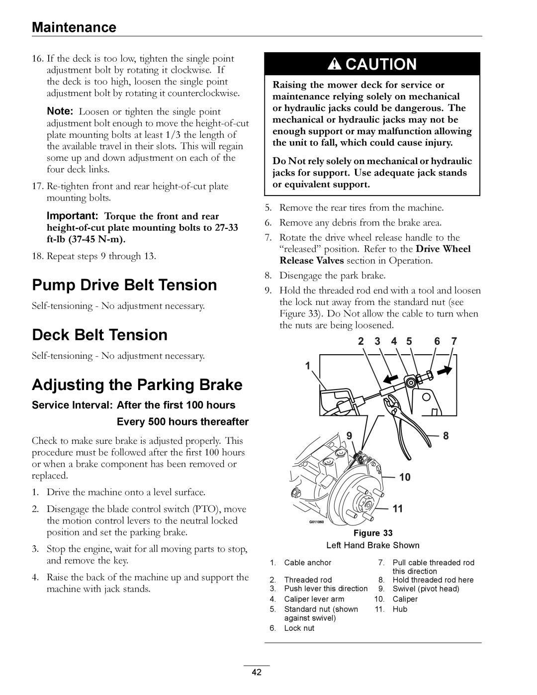 Exmark Series X manual Pump Drive Belt Tension, Deck Belt Tension, Adjusting the Parking Brake 