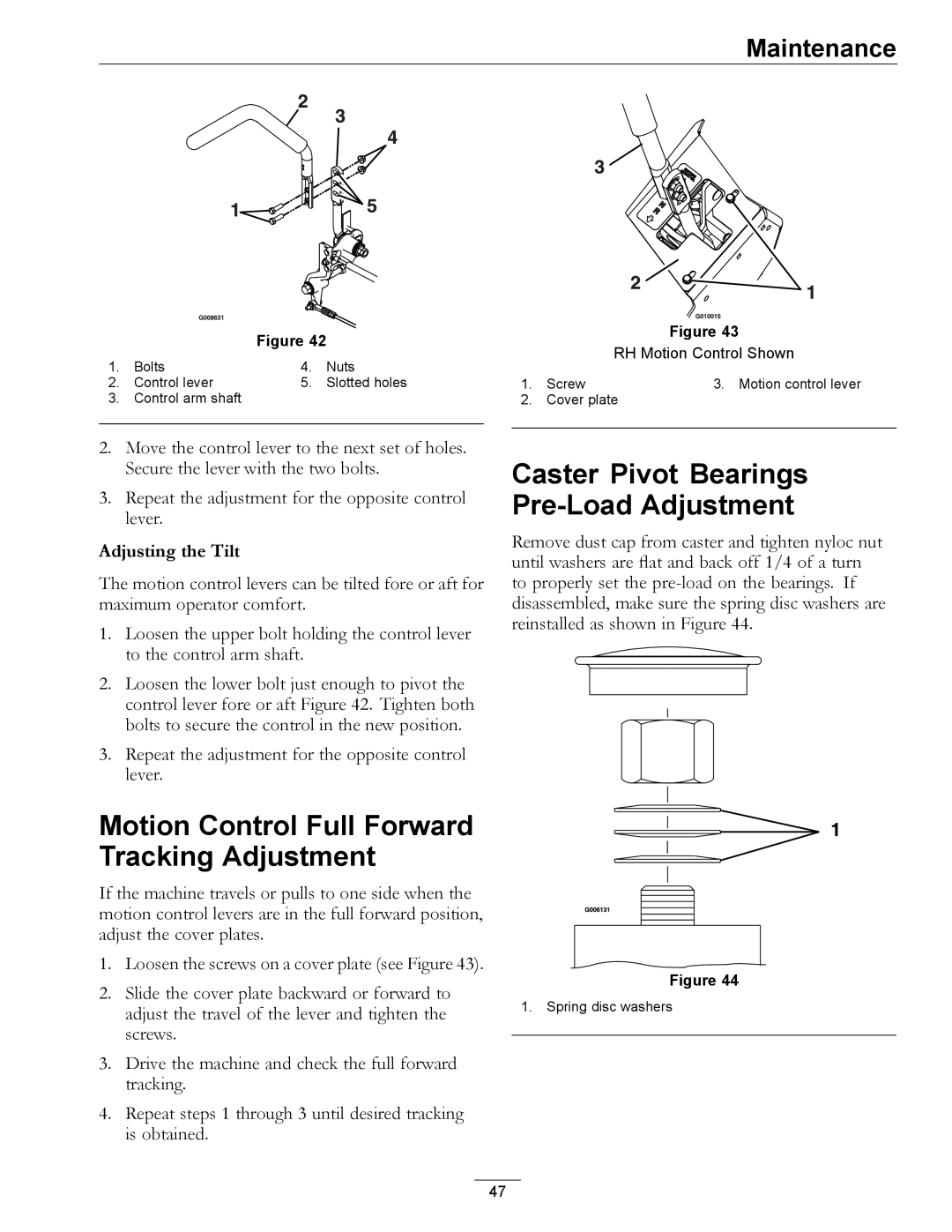 Exmark Series X manual Caster Pivot Bearings Pre-Load Adjustment, Adjusting the Tilt 