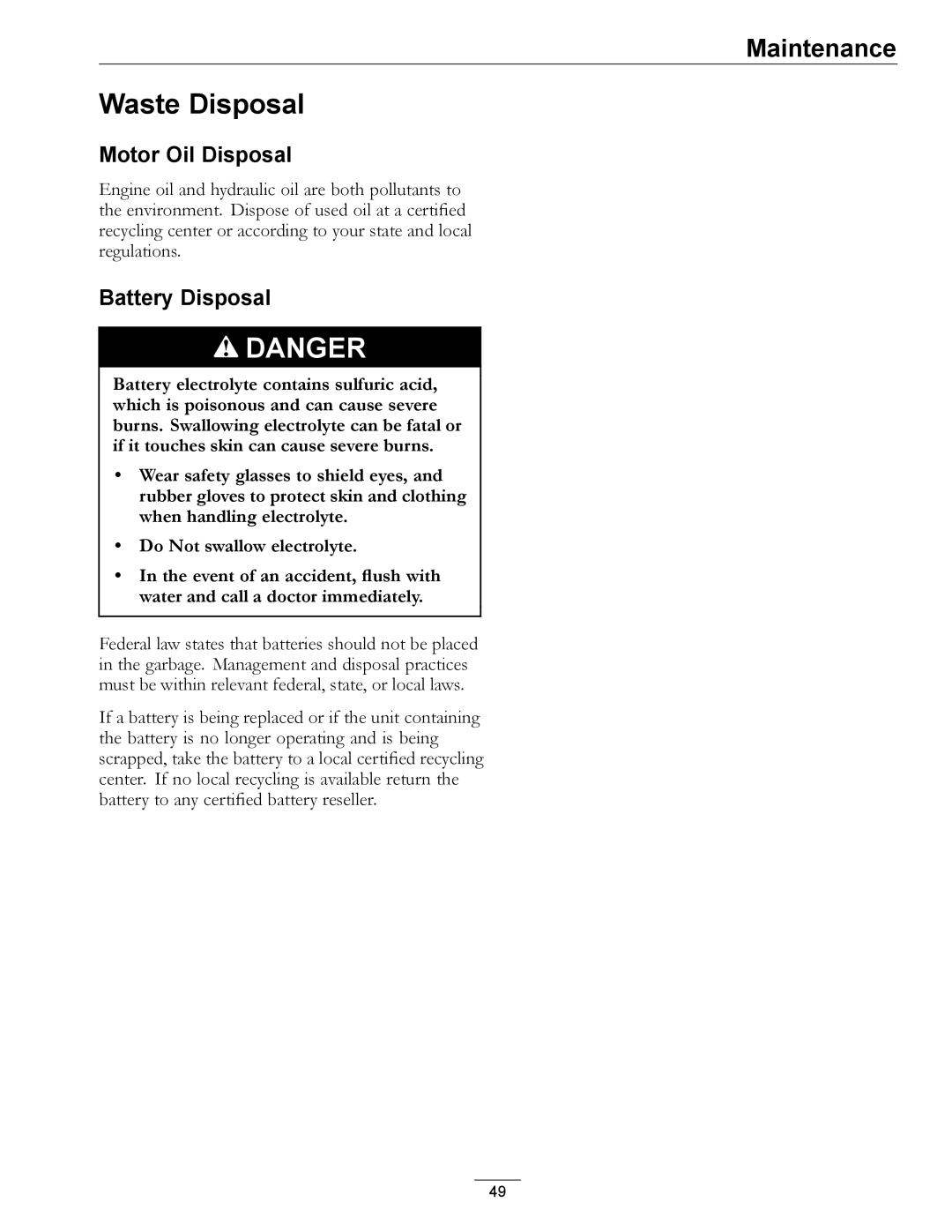 Exmark Series X manual Waste Disposal, Motor Oil Disposal, Battery Disposal 