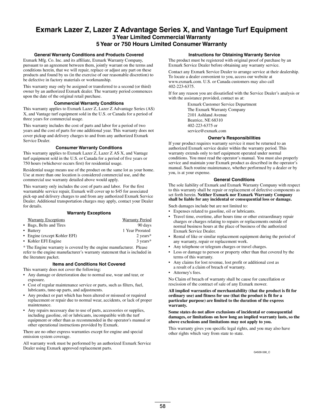 Exmark Series X manual General Warranty Conditions and Products Covered 