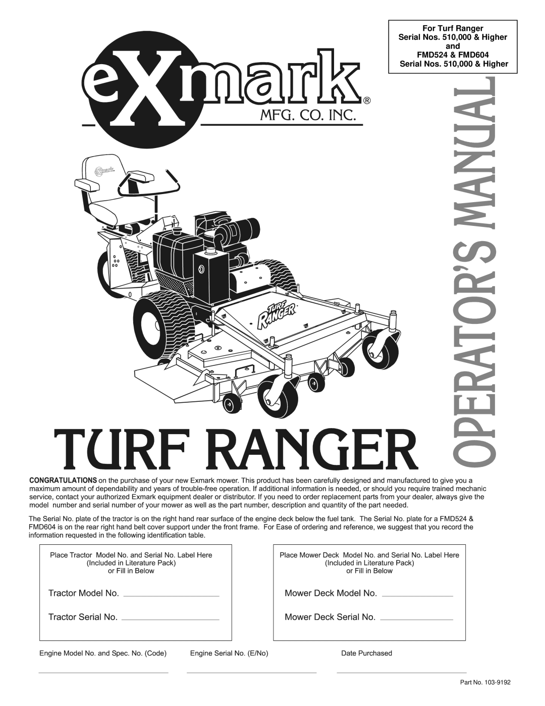 Exmark TR23KC manual For Turf Ranger Serial Nos ,000 & Higher FMD524 & FMD604 