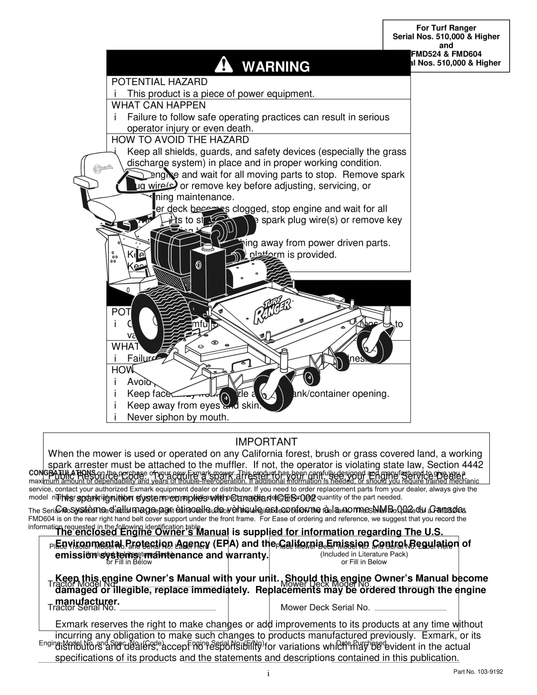 Exmark TR23KC manual Potential Hazard 