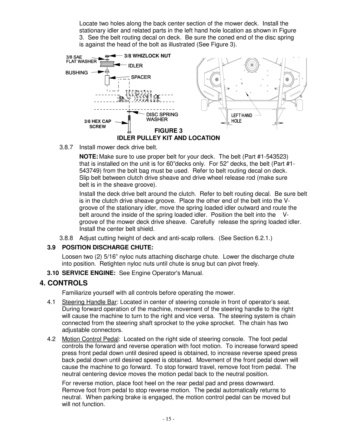 Exmark TR23KC manual Controls, Idler Pulley KIT and Location, Position Discharge Chute 