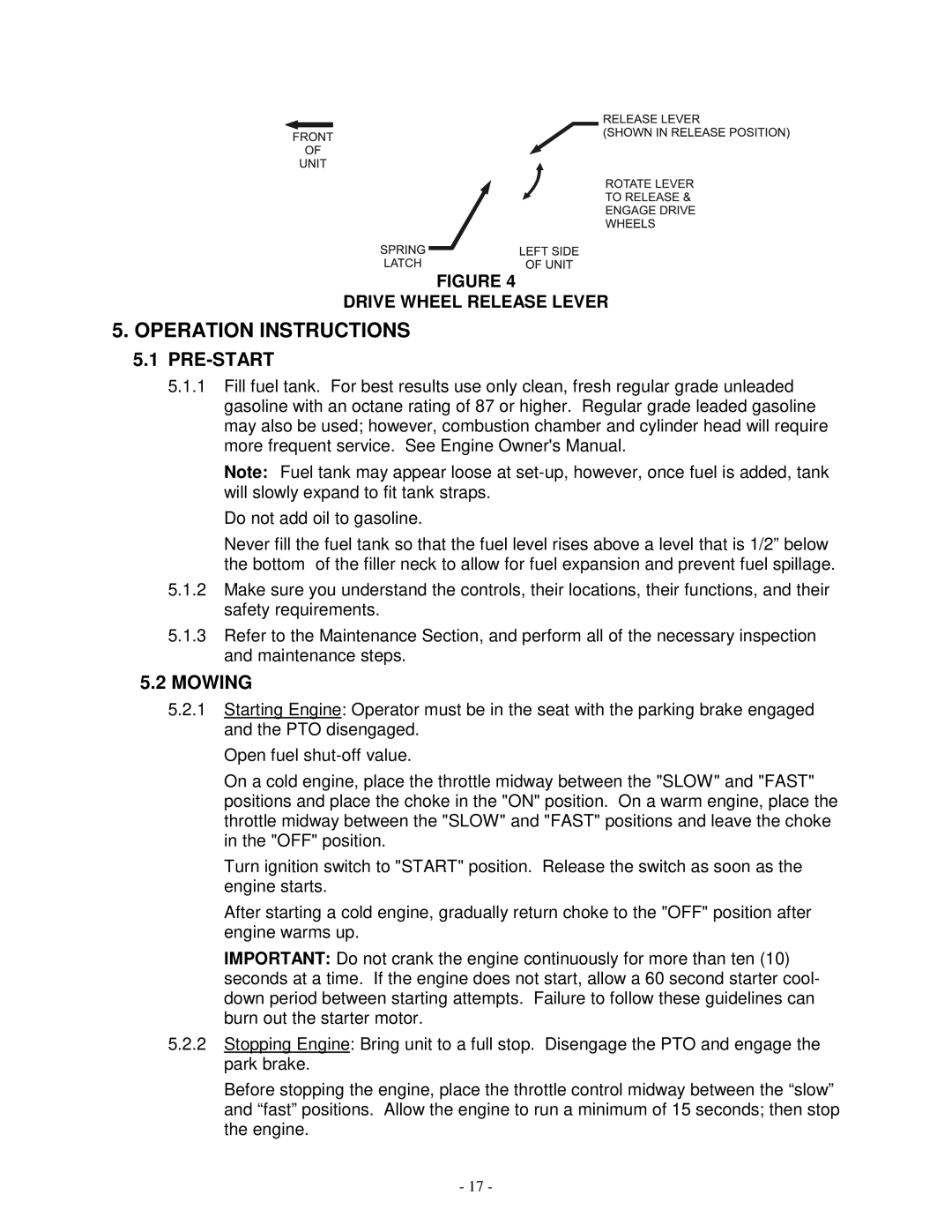 Exmark TR23KC manual Operation Instructions, Pre-Start, Mowing, Drive Wheel Release Lever 