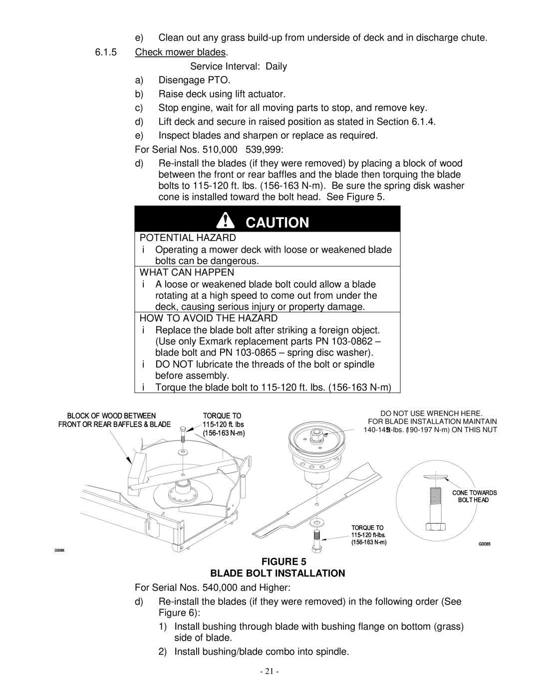 Exmark TR23KC manual For Serial Nos ,000 539,999, Blade Bolt Installation 