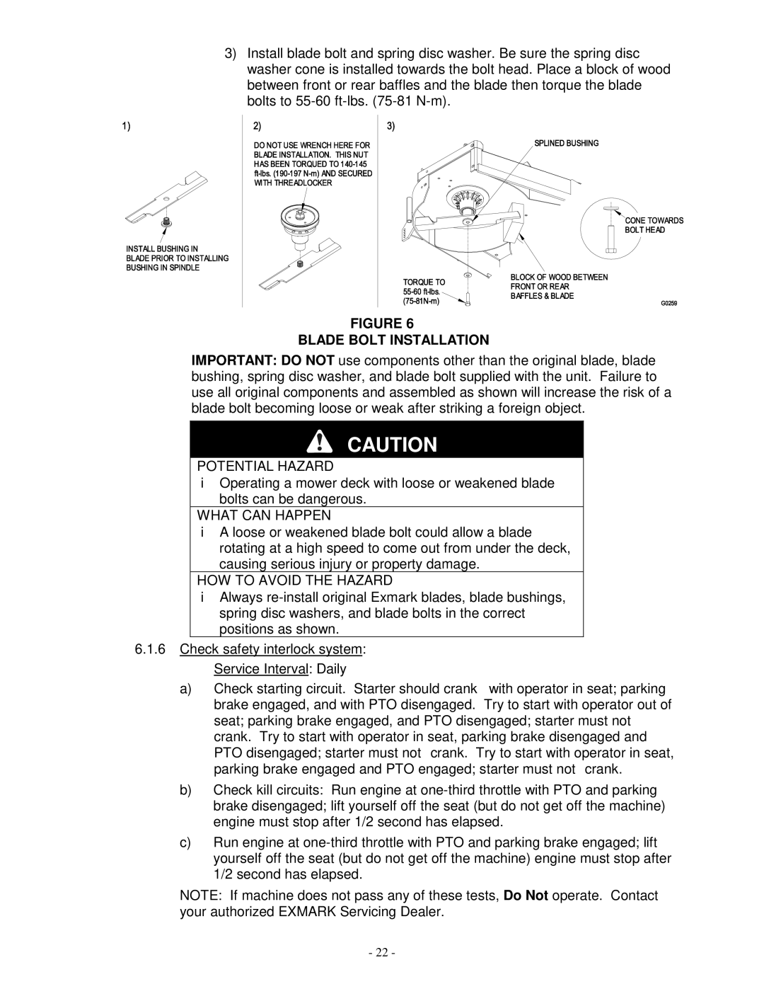 Exmark TR23KC manual Blade Bolt Installation 