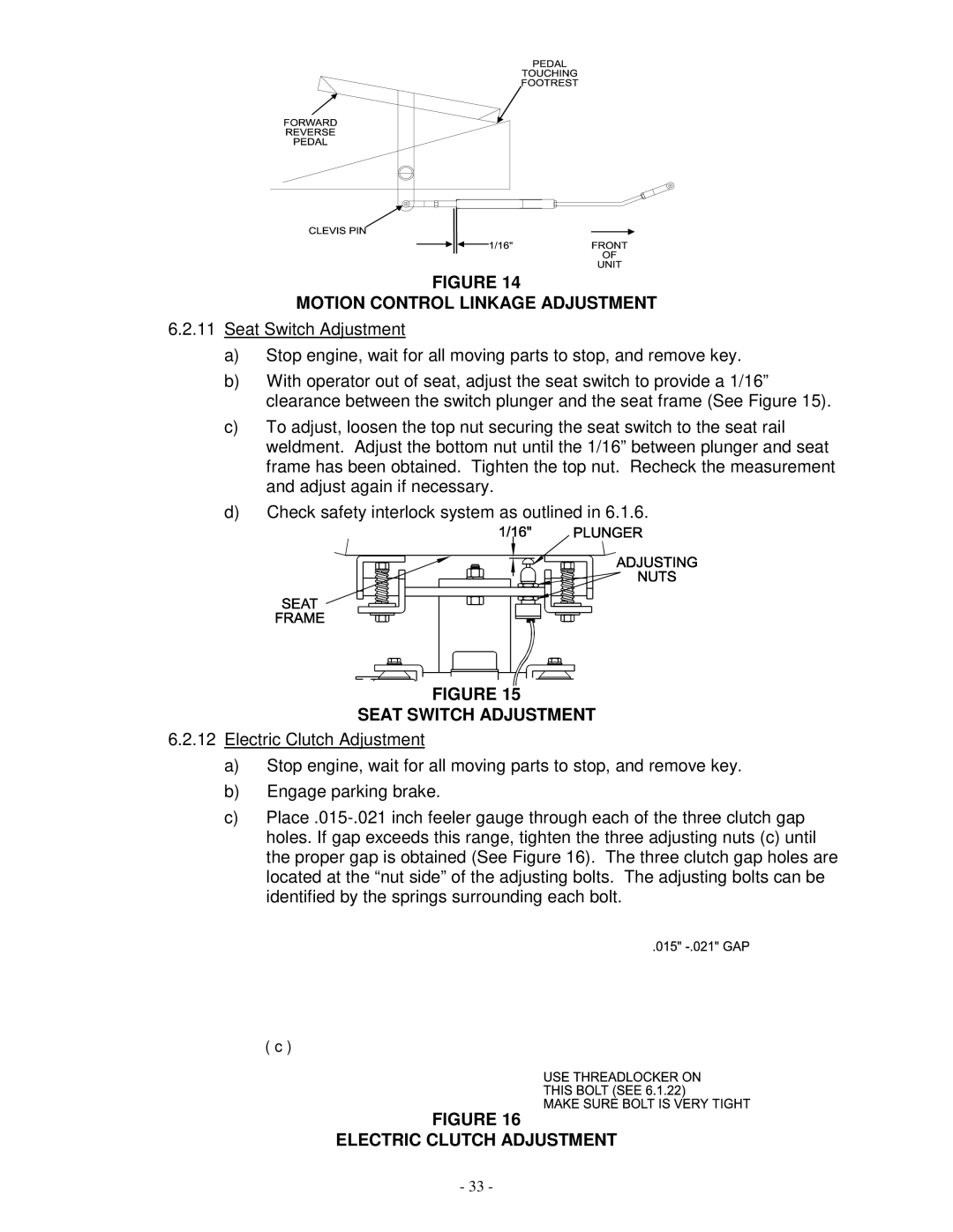 Exmark TR23KC manual Motion Control Linkage Adjustment, Seat Switch Adjustment, Electric Clutch Adjustment 