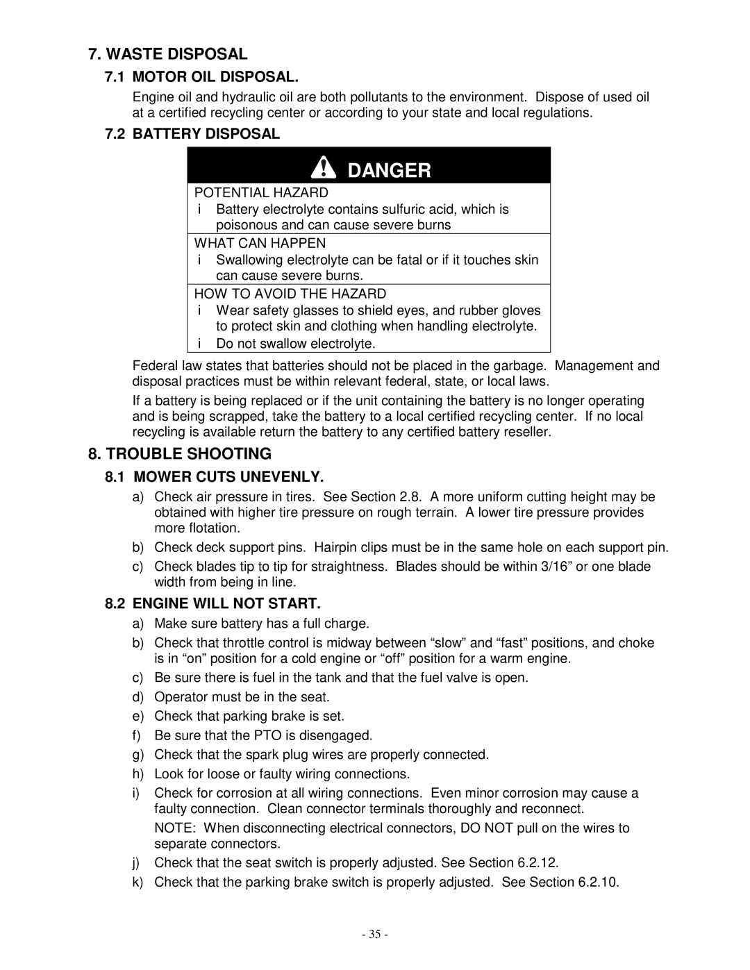 Exmark TR23KC manual Waste Disposal, Trouble Shooting 