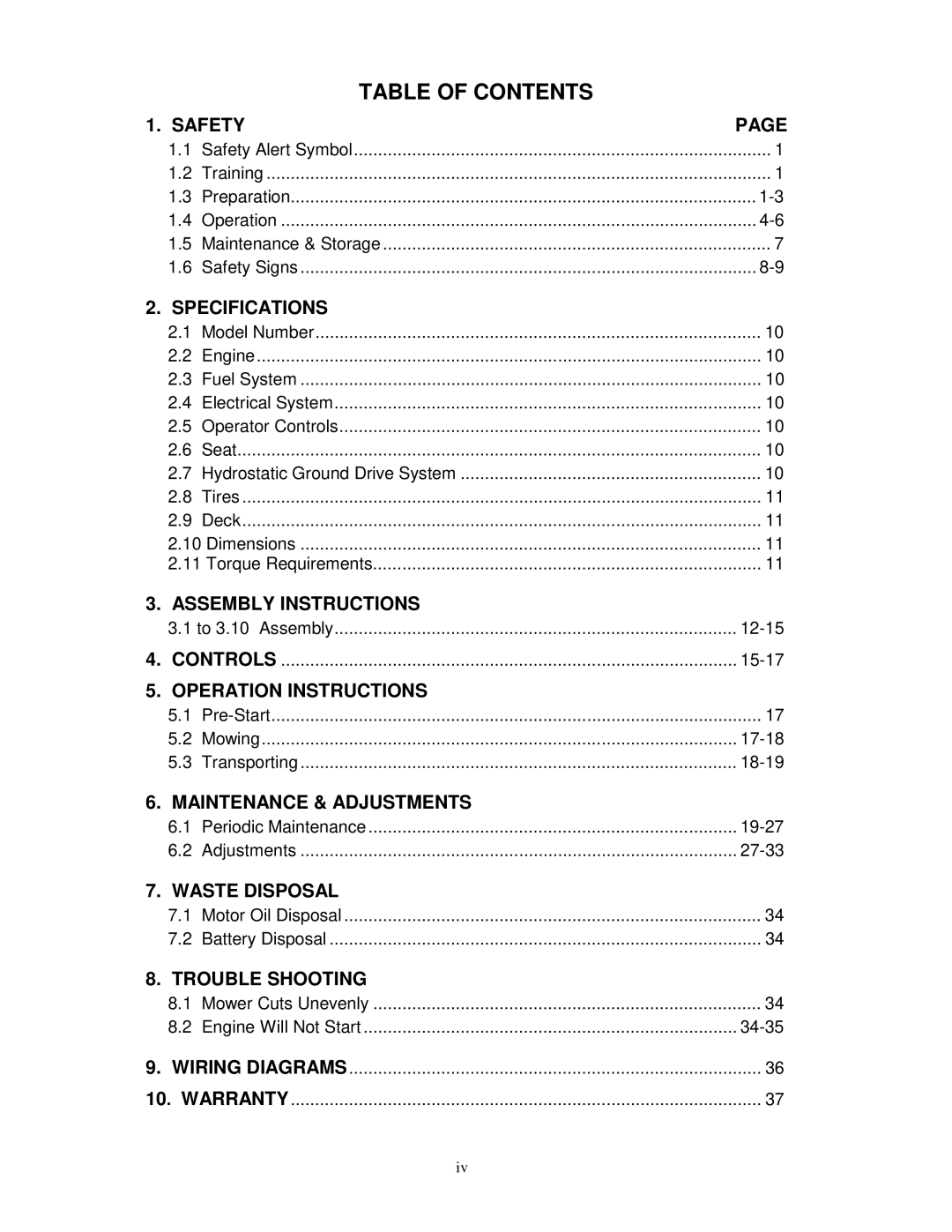 Exmark TR23KC manual Table of Contents 