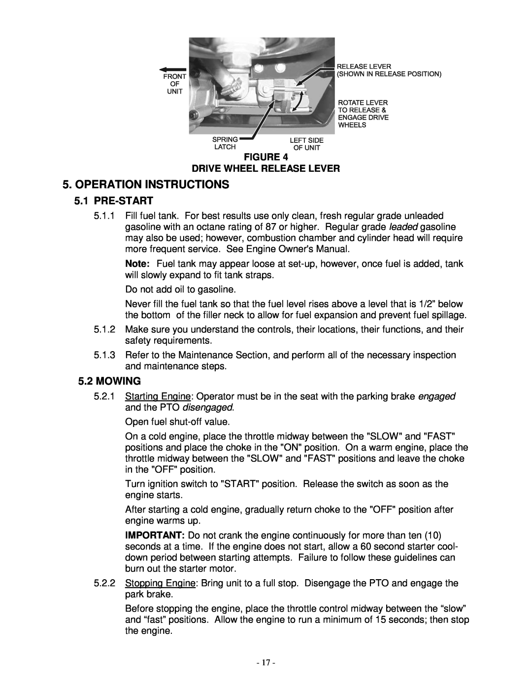 Exmark TR23KC manual Operation Instructions, 5.1PRE-START, 5.2MOWING, Figure Drive Wheel Release Lever 