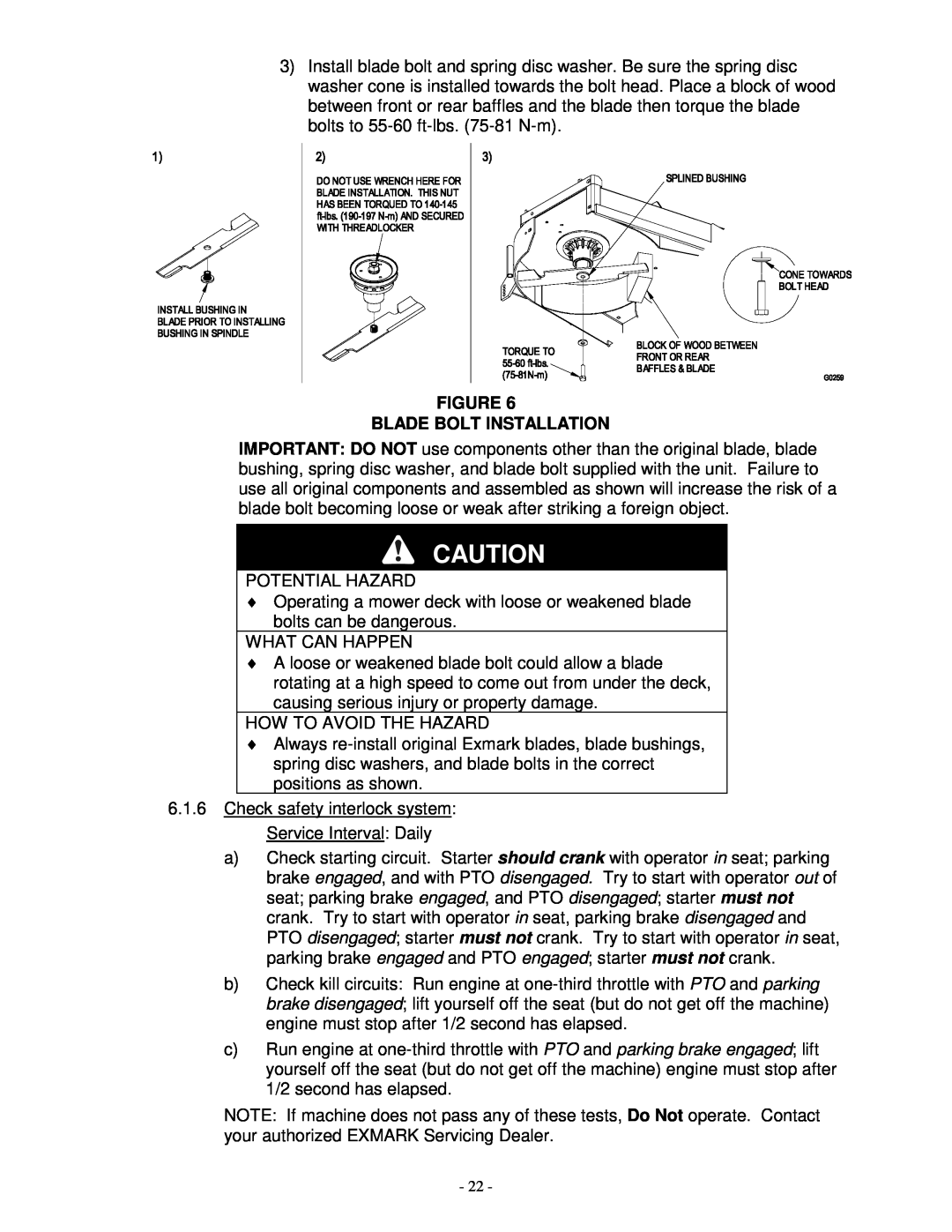 Exmark TR23KC manual Figure Blade Bolt Installation, Potential Hazard 
