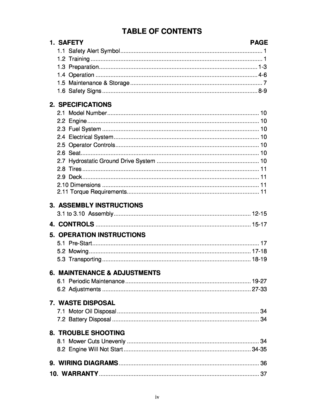 Exmark TR23KC manual Table Of Contents 