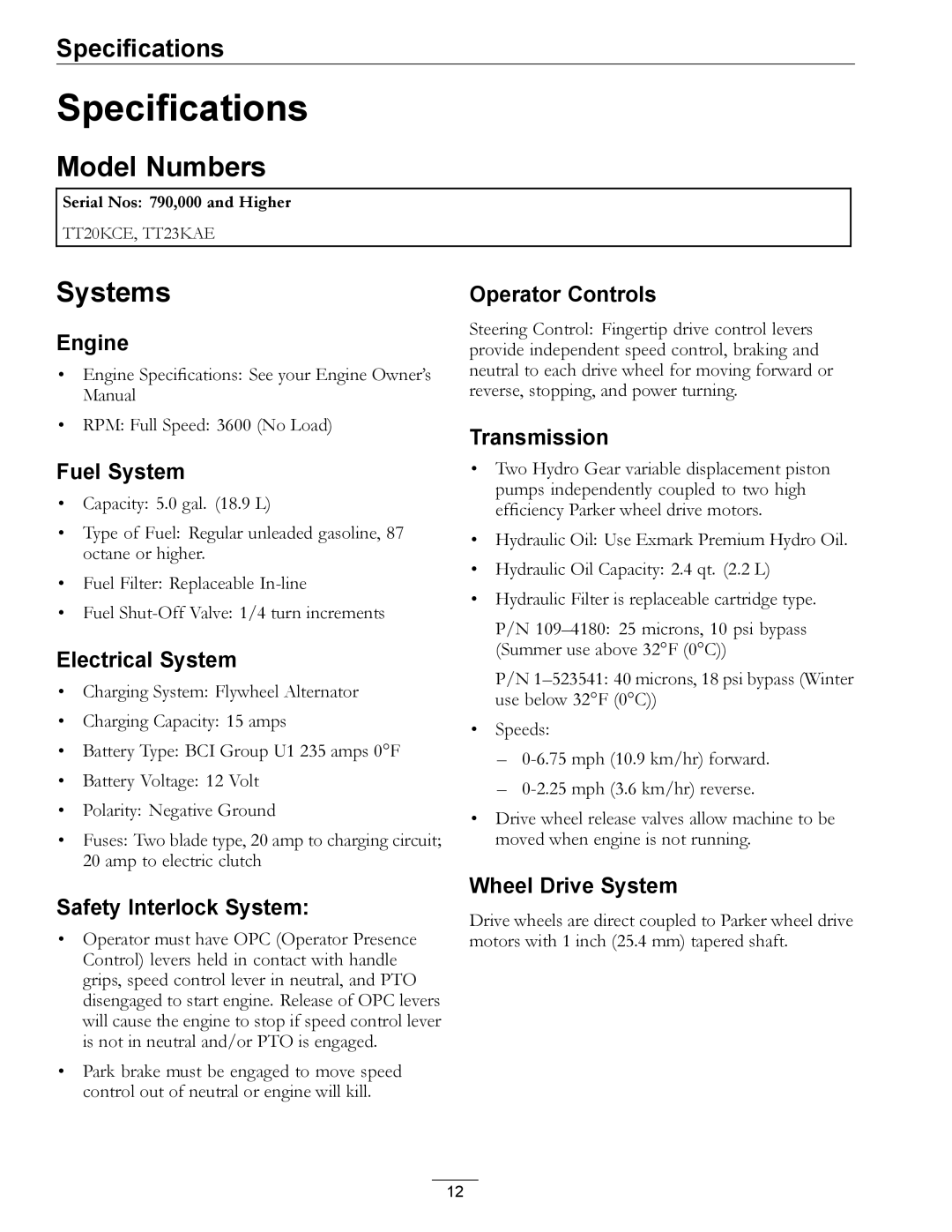 Exmark TT20KCE, TT23KAE manual Specifications, Model Numbers, Systems 