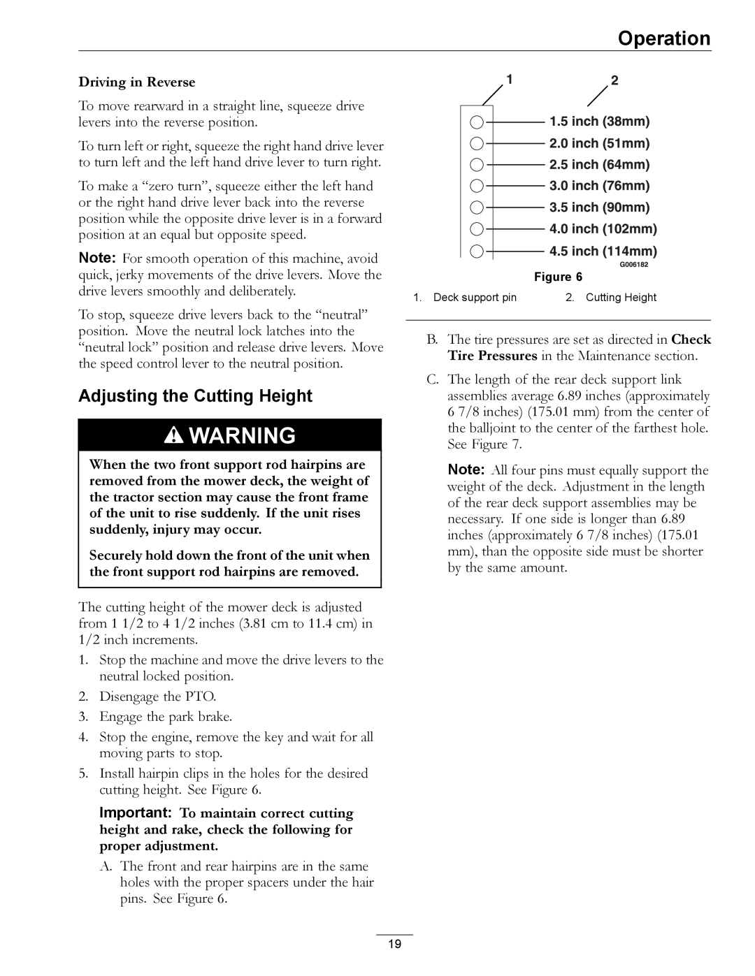 Exmark TT23KAE, TT20KCE manual Adjusting the Cutting Height, Driving in Reverse 