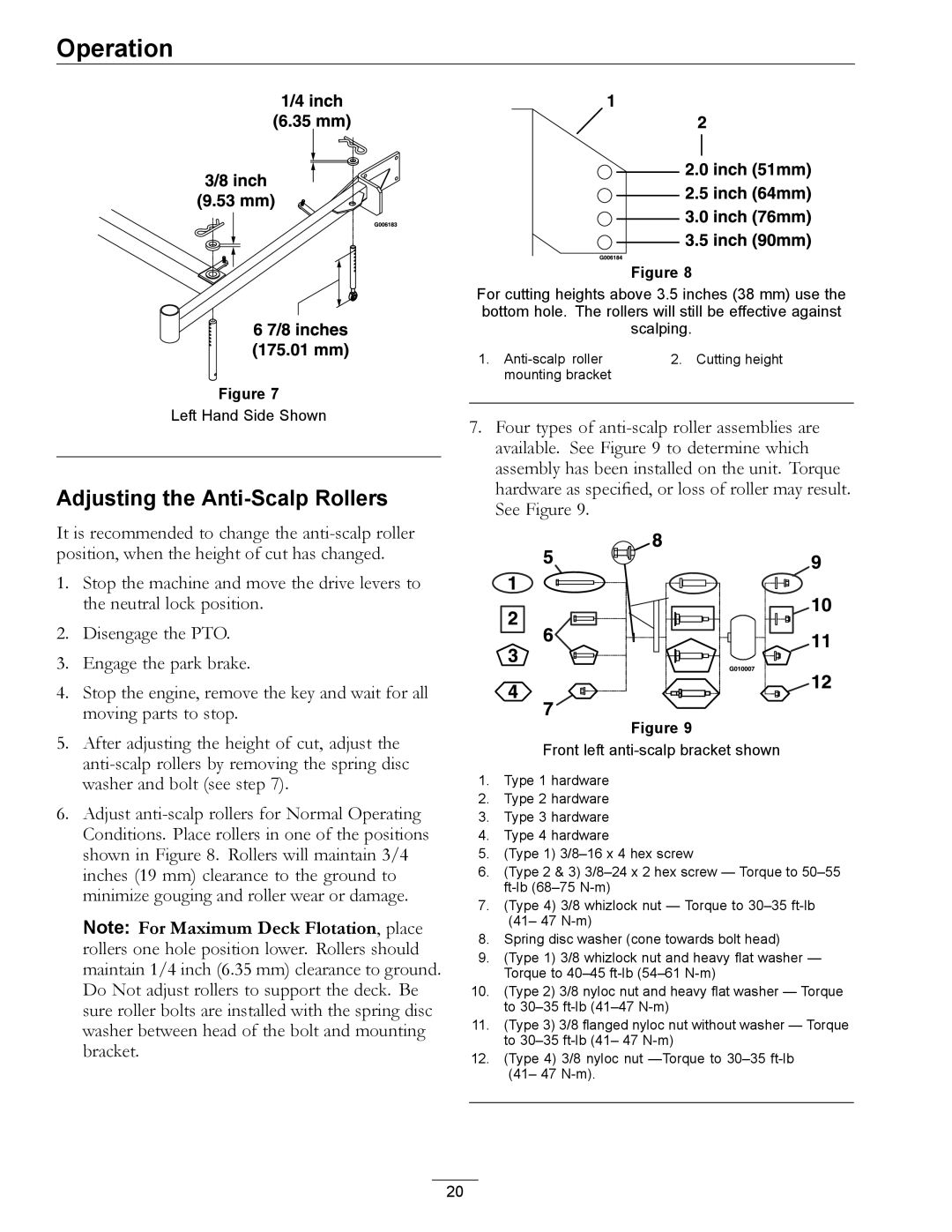 Exmark TT20KCE, TT23KAE manual Adjusting the Anti-Scalp Rollers, Front left anti-scalp bracket shown 