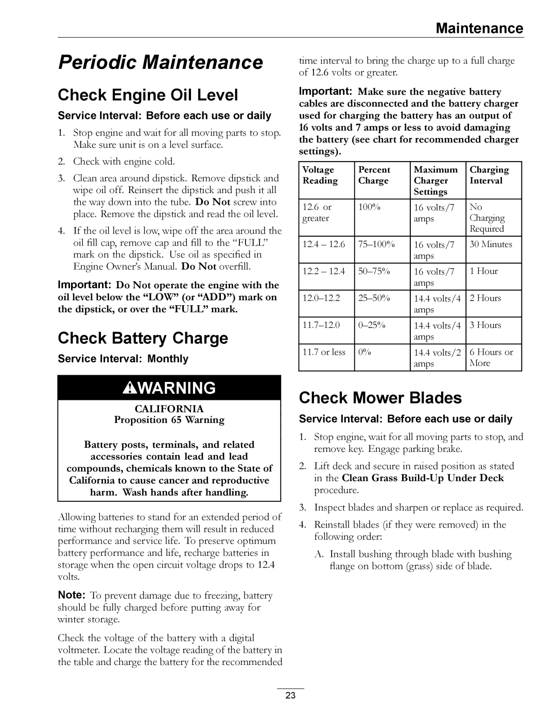 Exmark TT23KAE, TT20KCE manual Check Engine Oil Level, Check Battery Charge, Check Mower Blades 