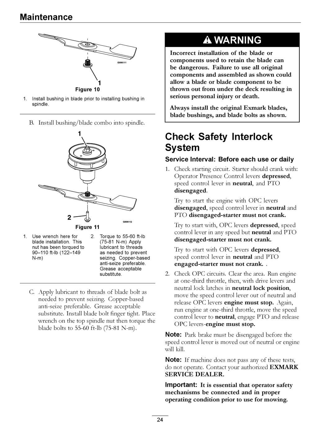 Exmark TT20KCE, TT23KAE manual Check Safety Interlock System, PTO disengaged-starter must not crank 