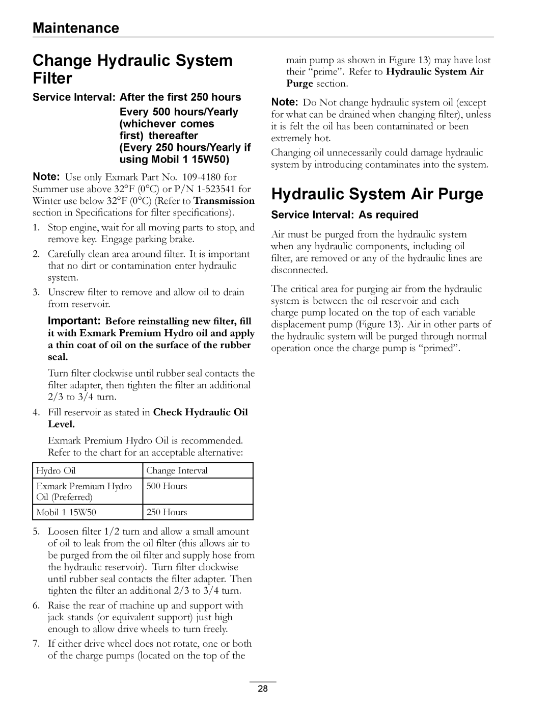 Exmark TT20KCE, TT23KAE manual Change Hydraulic System Filter, Hydraulic System Air Purge 