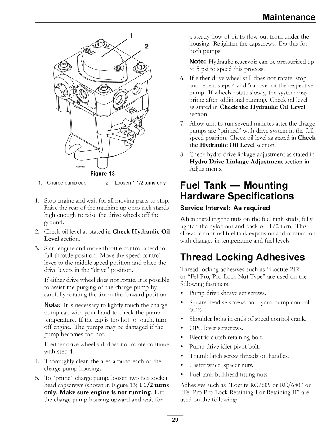 Exmark TT23KAE, TT20KCE manual Fuel Tank Mounting Hardware Specifications, Thread Locking Adhesives 