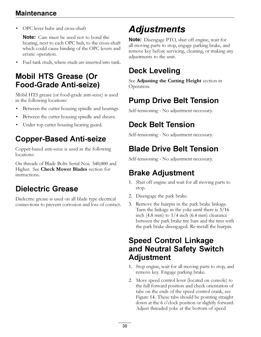 Exmark TT20KCE manual Mobil HTS Grease Or Food-Grade Anti-seize, Copper-Based Anti-seize, Dielectric Grease, Deck Leveling 