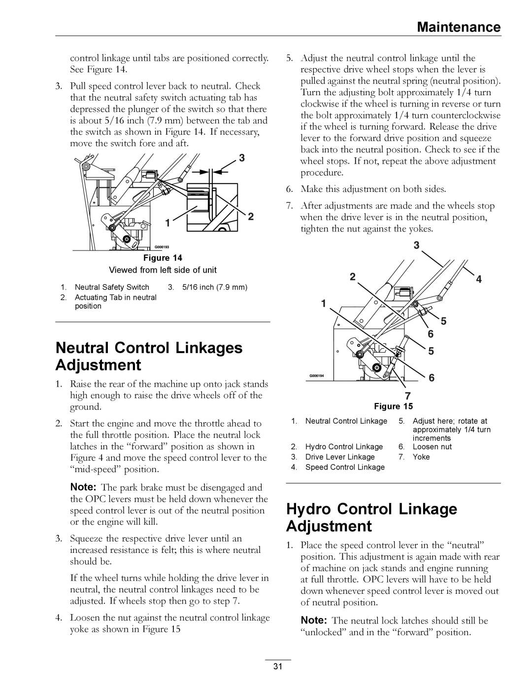 Exmark TT23KAE, TT20KCE manual Neutral Control Linkages Adjustment, Hydro Control Linkage Adjustment 