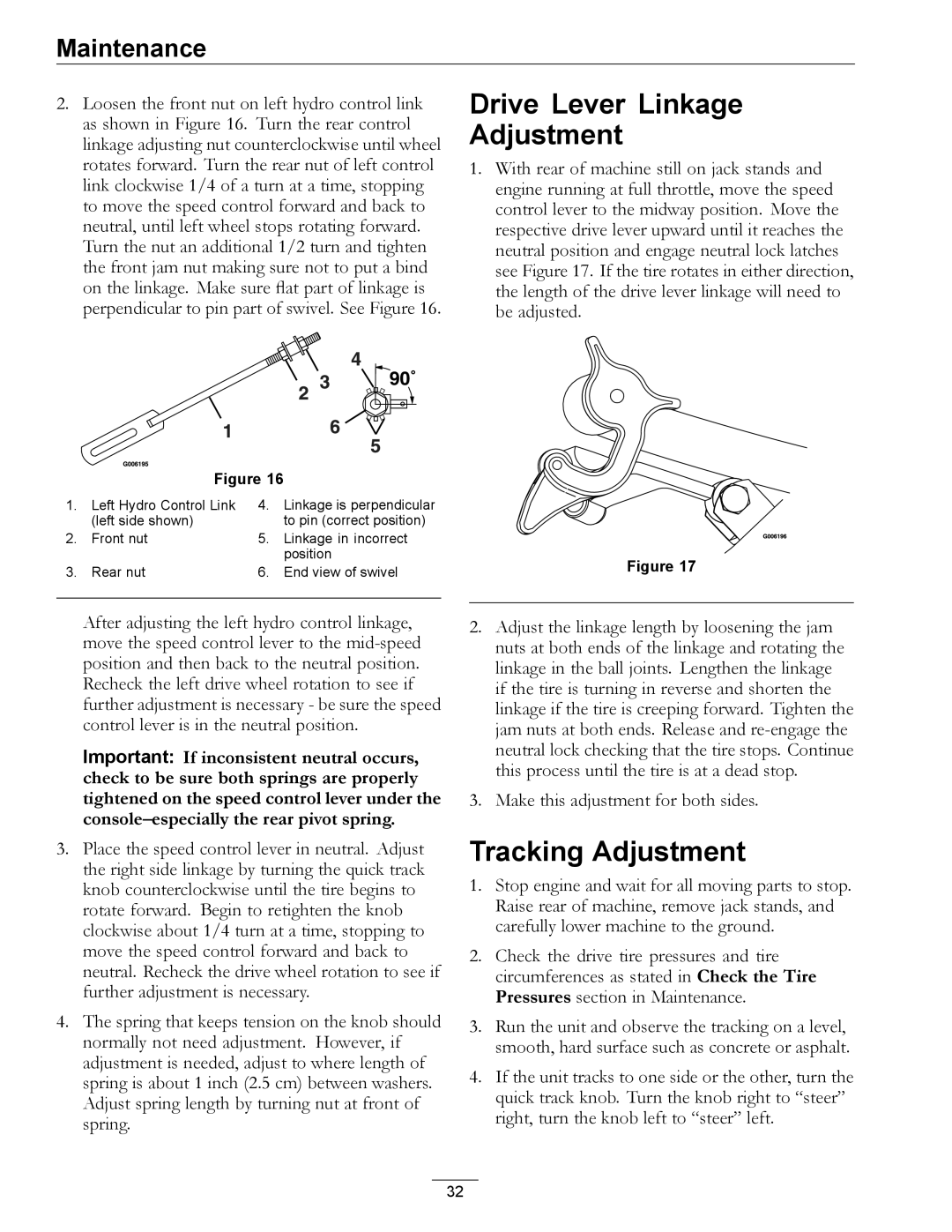 Exmark TT20KCE, TT23KAE manual Drive Lever Linkage Adjustment, Tracking Adjustment 