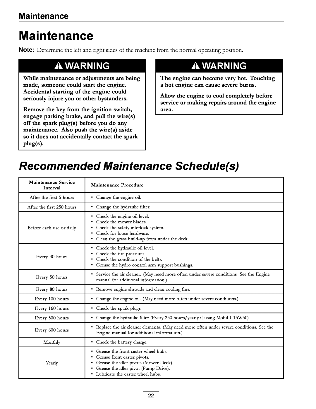Exmark TT20KCE, TT23KAE manual Recommended Maintenance Schedules 