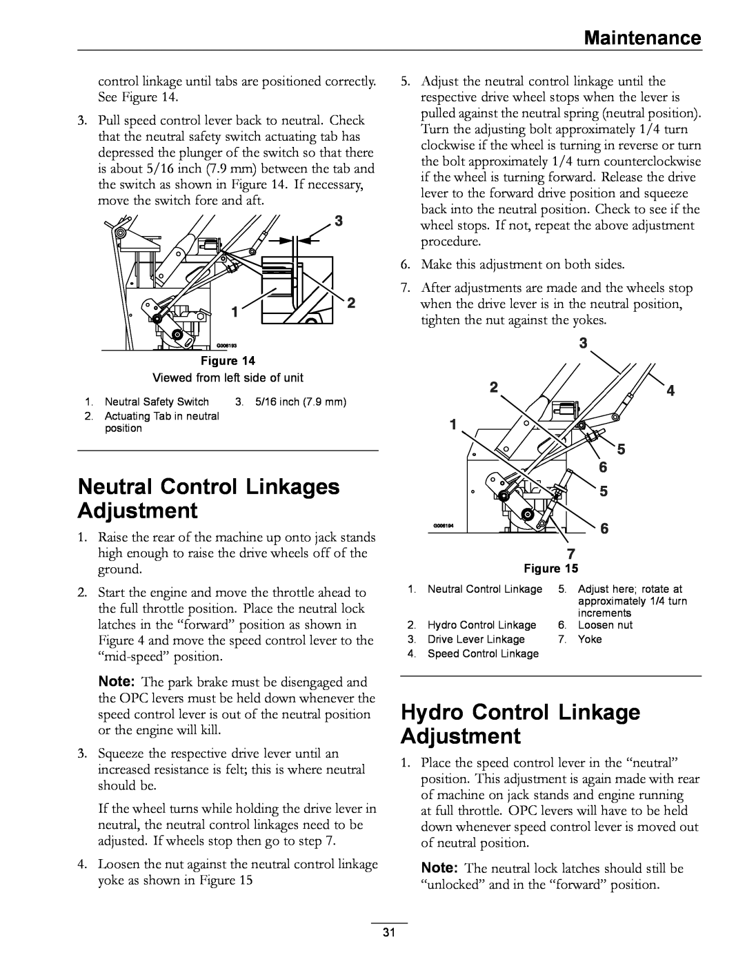Exmark TT23KAE, TT20KCE manual Neutral Control Linkages Adjustment, Hydro Control Linkage Adjustment, Maintenance 