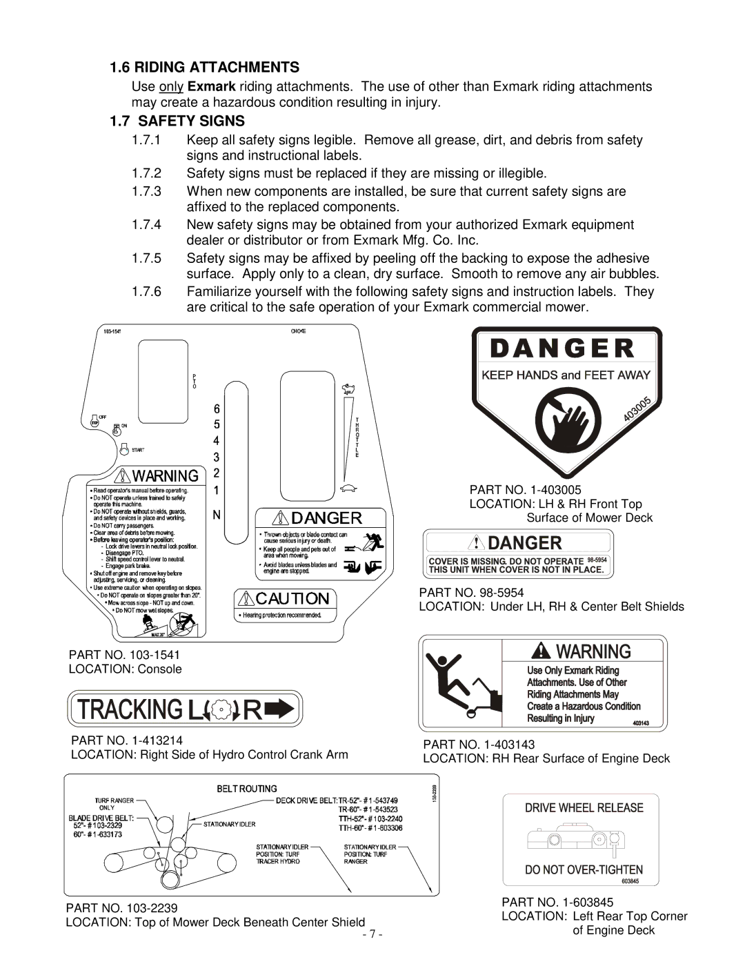 Exmark TT23KAC, TT23KCC, TT20KCC manual Riding Attachments, Safety Signs 