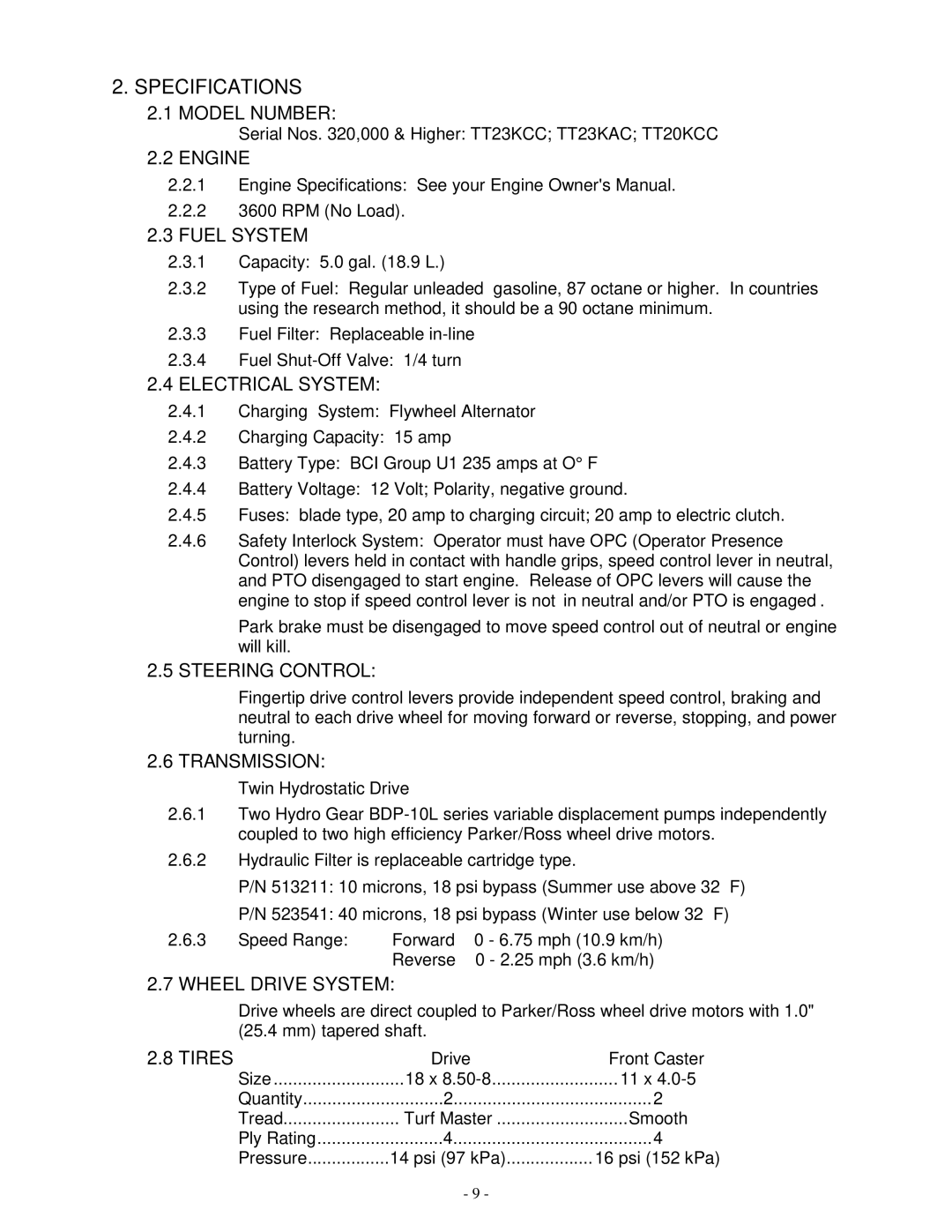 Exmark TT20KCC, TT23KAC, TT23KCC manual Specifications 