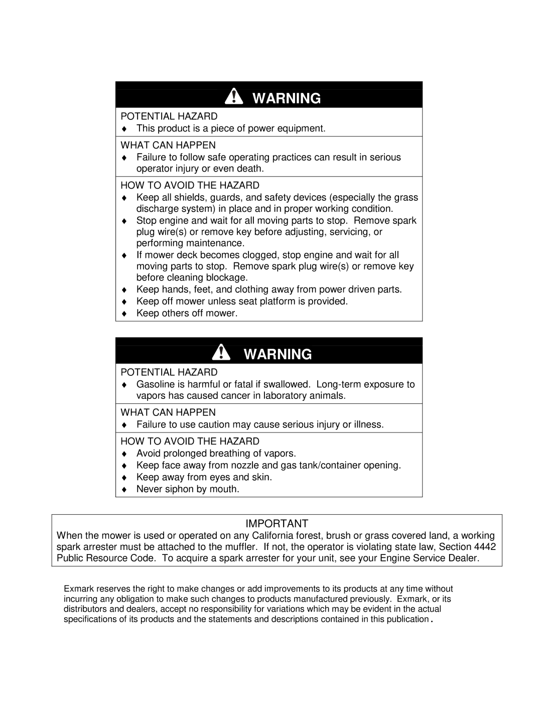 Exmark TT20KCC, TT23KAC, TT23KCC manual Potential Hazard 