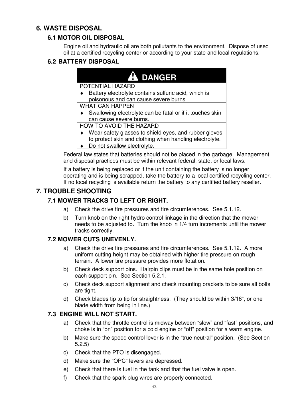 Exmark TT23KCC, TT23KAC, TT20KCC manual Waste Disposal, Trouble Shooting 