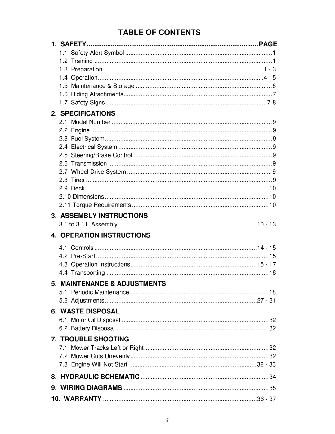 Exmark TT20KCC, TT23KAC, TT23KCC manual Table of Contents 