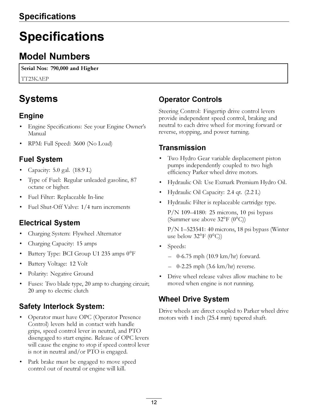 Exmark TT23KAEP manual Specifications, Model Numbers, Systems 