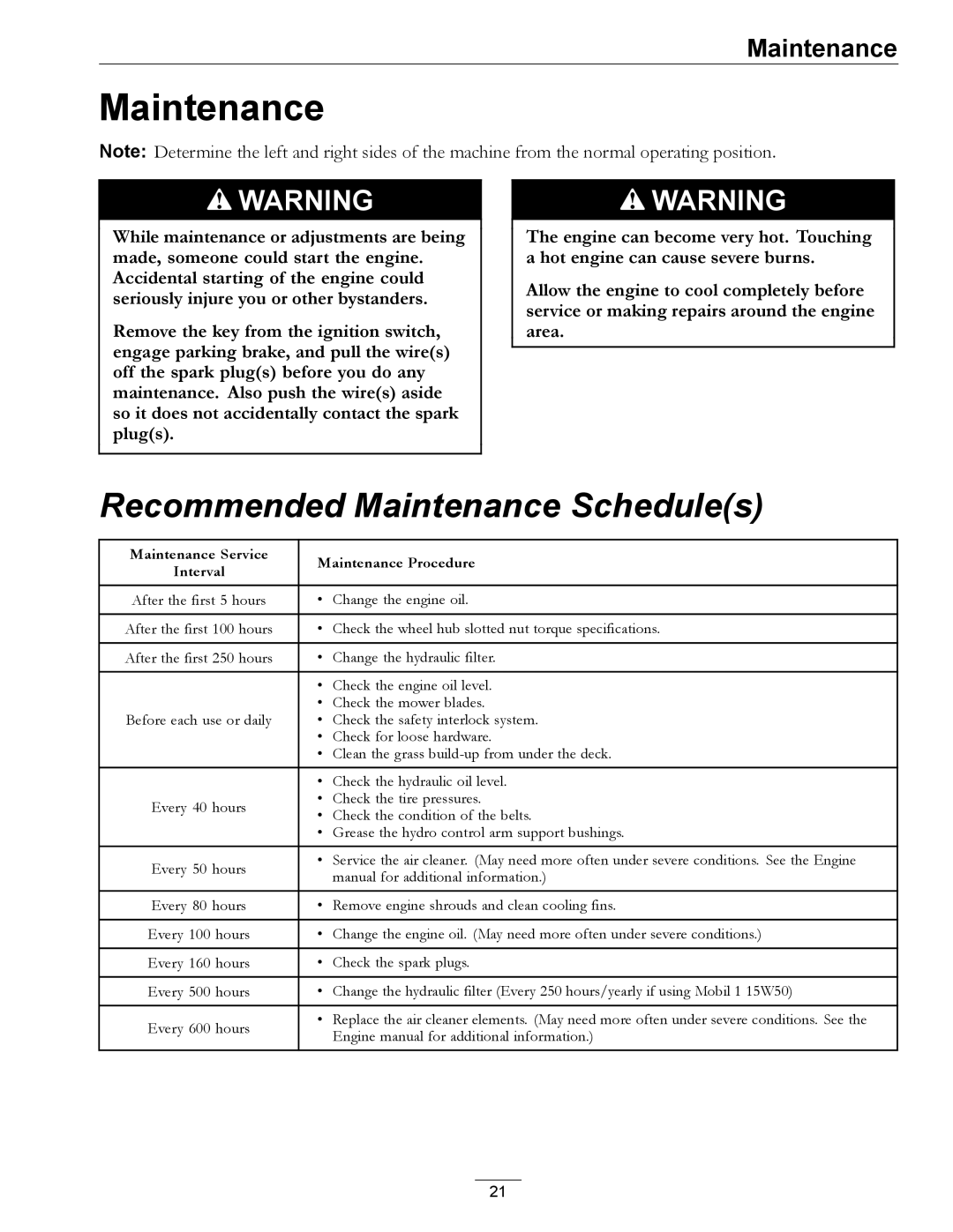 Exmark TT23KAEP manual Recommended Maintenance Schedules 