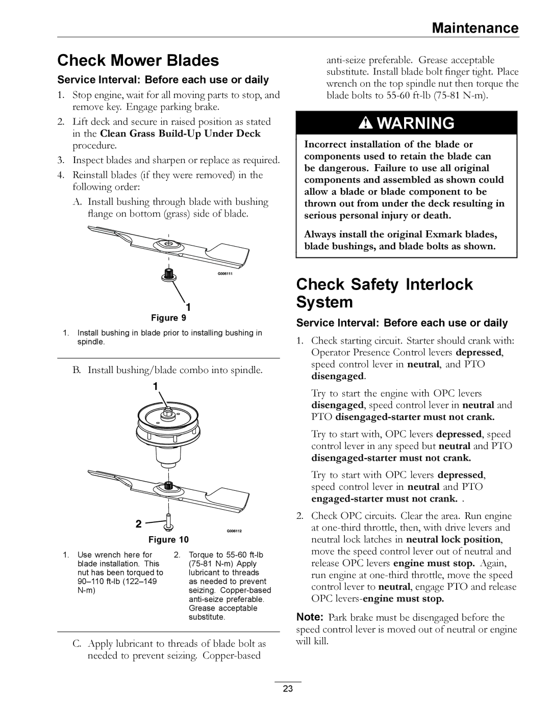 Exmark TT23KAEP manual Check Mower Blades, Check Safety Interlock System 