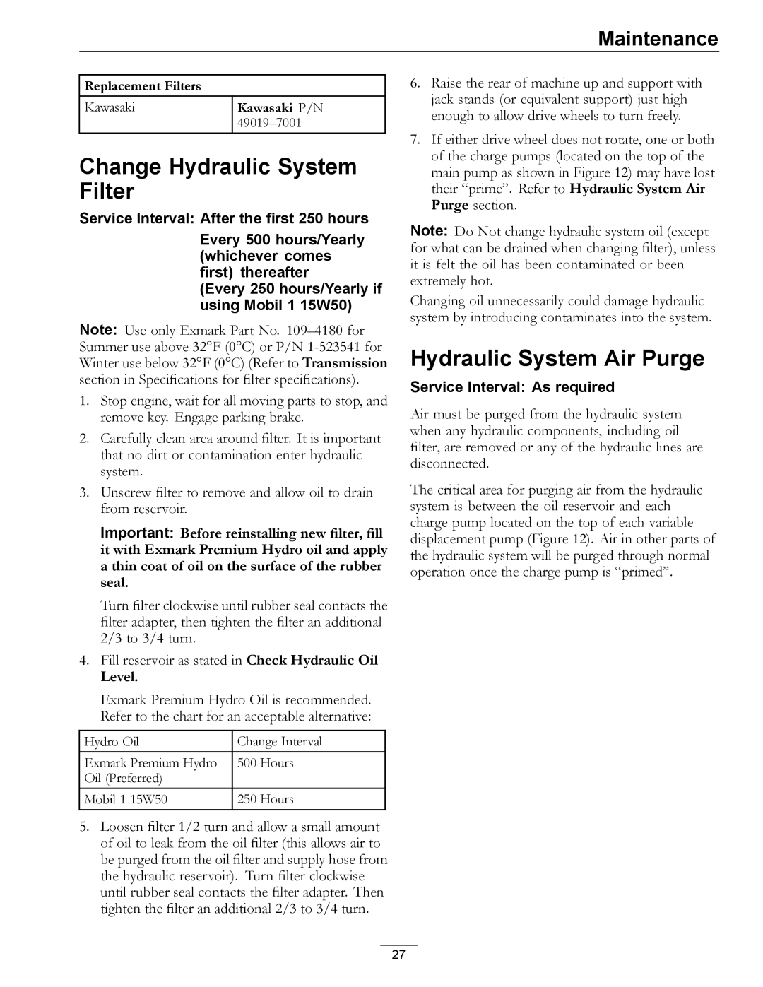 Exmark TT23KAEP manual Change Hydraulic System Filter, Hydraulic System Air Purge 