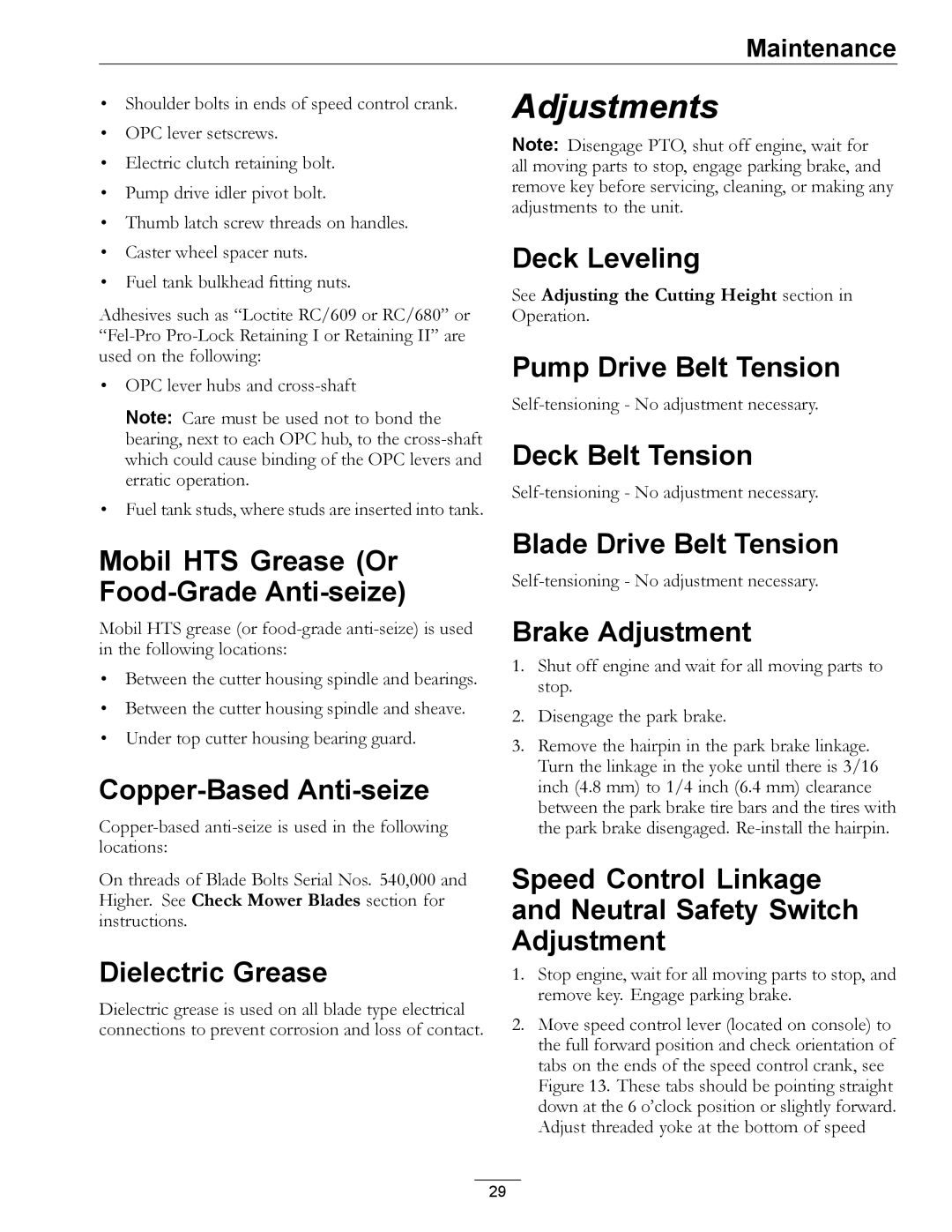 Exmark TT23KAEP manual Mobil HTS Grease Or Food-Grade Anti-seize, Copper-Based Anti-seize, Dielectric Grease, Deck Leveling 