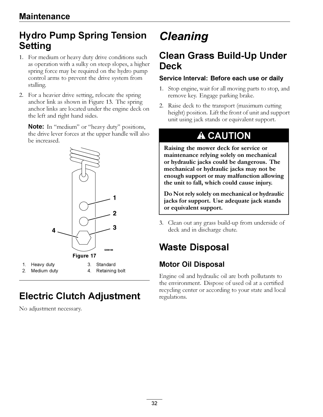 Exmark TT23KAEP manual Hydro Pump Spring Tension Setting, Electric Clutch Adjustment, Clean Grass Build-Up Under Deck 