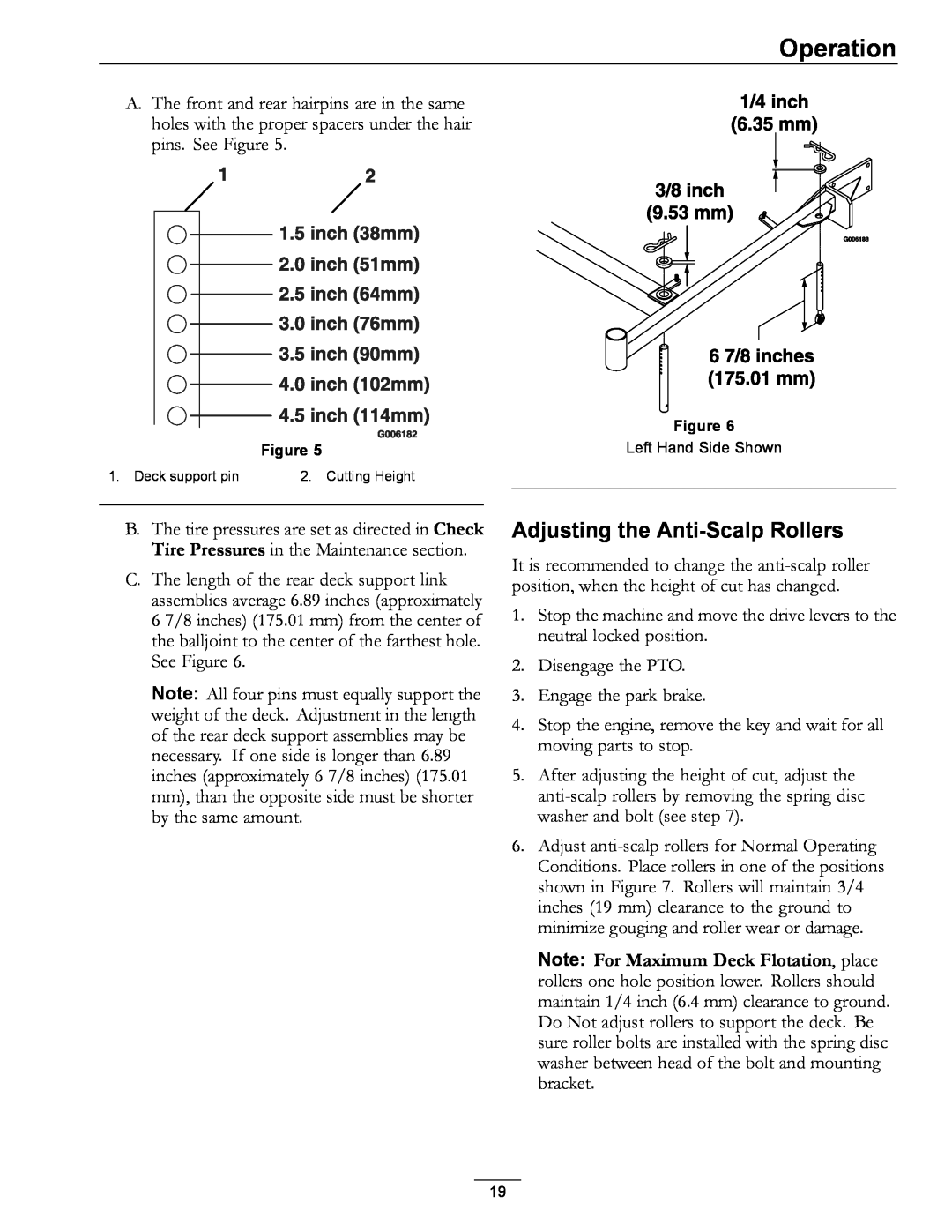 Exmark TT23KAEP manual Adjusting the Anti-Scalp Rollers, Operation, Left Hand Side Shown 