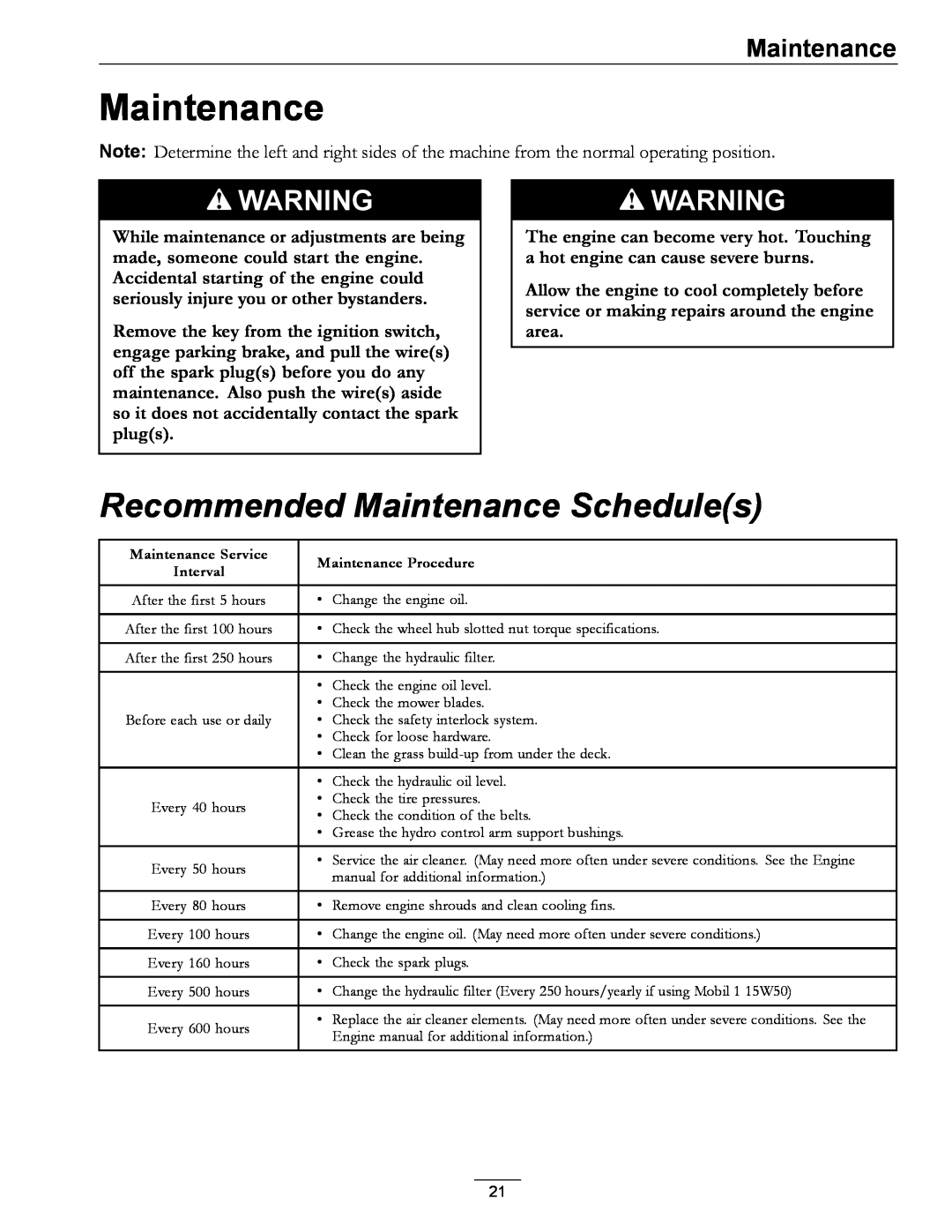 Exmark TT23KAEP manual Recommended Maintenance Schedules 
