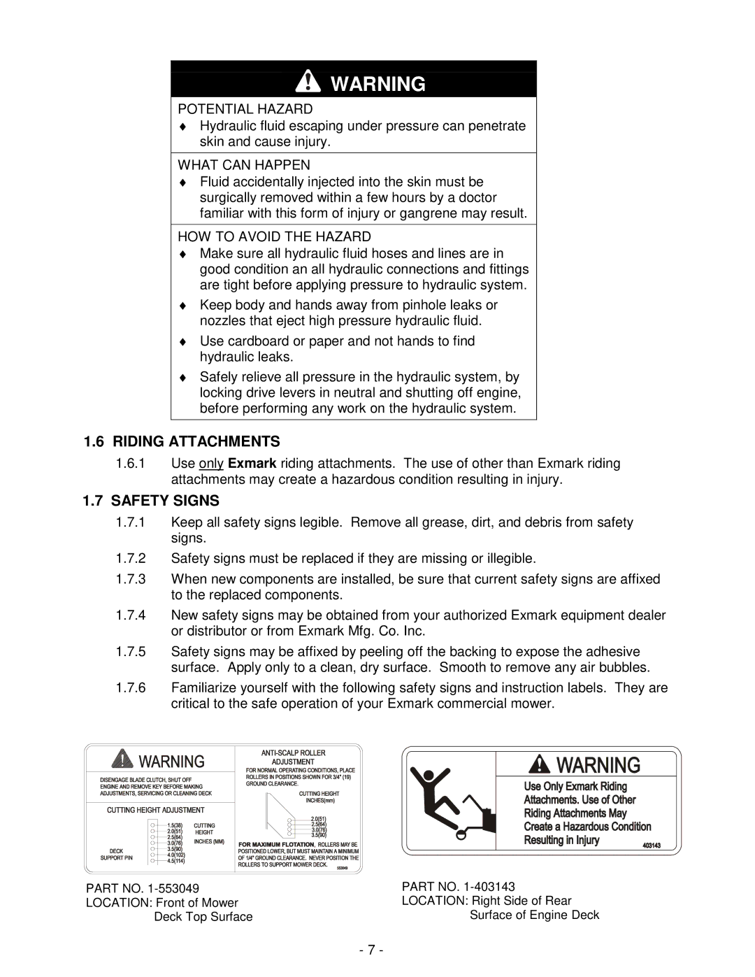 Exmark TT5217KAC, TT4817KAEC, TT4817KAC, TT3615KAC, TT5217KAEC manual Riding Attachments, Safety Signs 