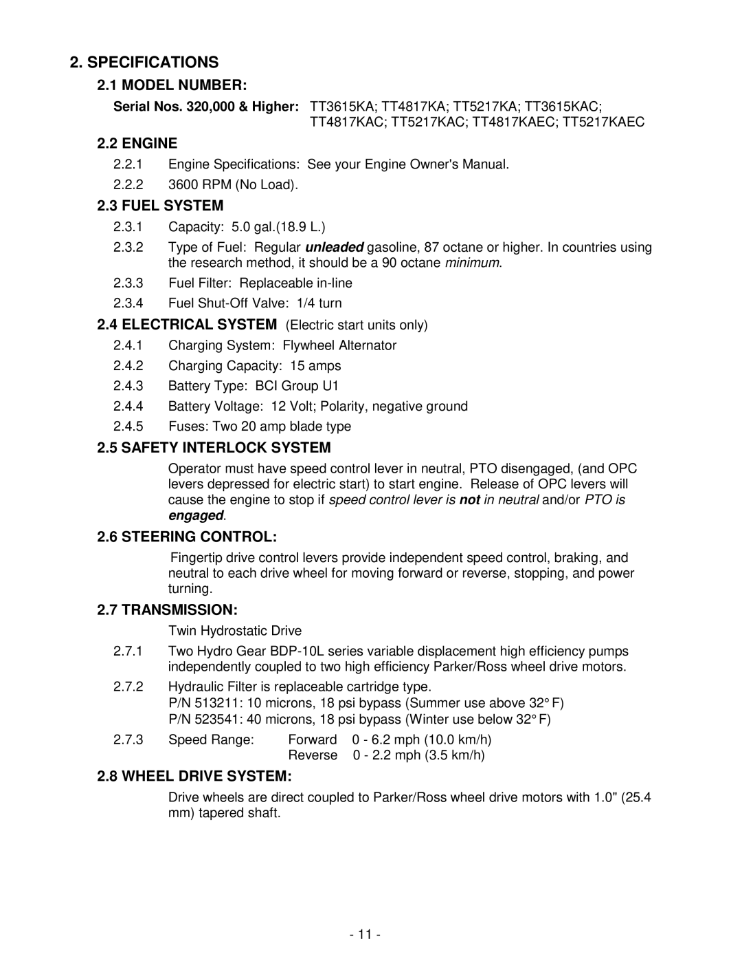 Exmark TT4817KAEC, TT4817KAC, TT5217KAC, TT3615KAC, TT5217KAEC manual Specifications 