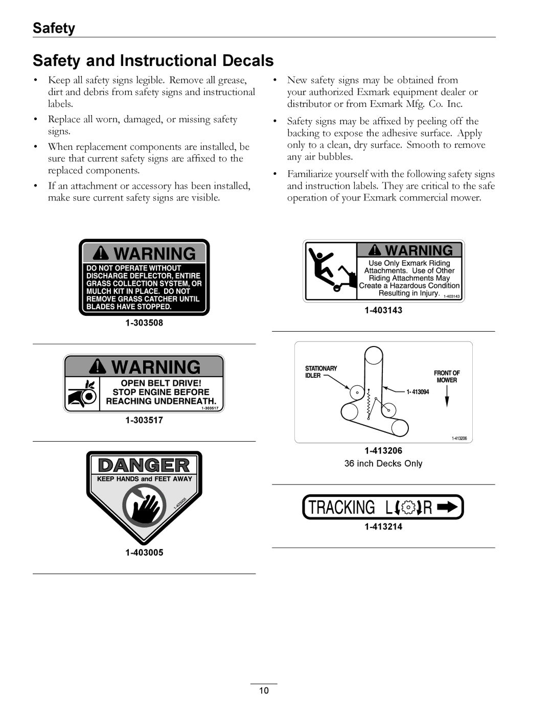 Exmark TTS16KA483CA, TTS16KA363CA, TTS20KAE523, TTS18KA523, TTS20KAE483CA manual Safety and Instructional Decals 