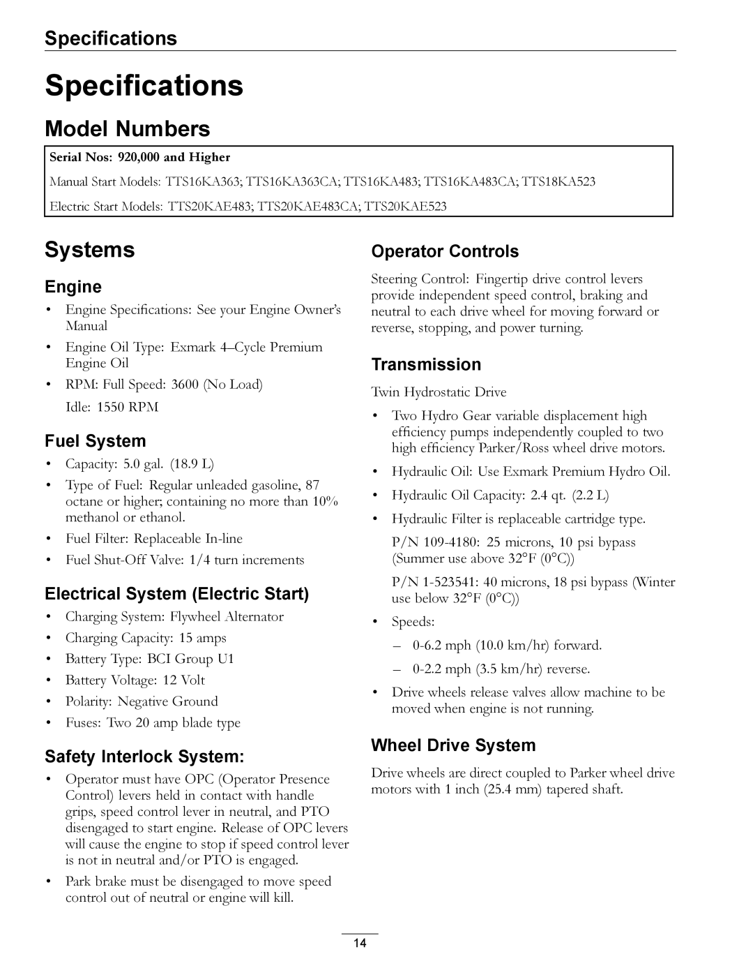 Exmark TTS18KA523, TTS16KA363CA, TTS16KA483CA, TTS20KAE523, TTS20KAE483 manual Specifications, Model Numbers, Systems 