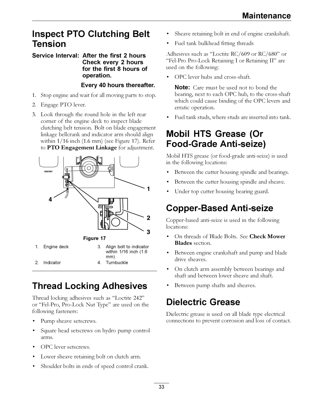 Exmark TTS16KA363CA, TTS16KA483 manual Inspect PTO Clutching Belt Tension, Thread Locking Adhesives, Copper-Based Anti-seize 